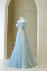 Blue Spaghetti Strap Lace Long Prom Dress, Cute A-Line Graduation Dress